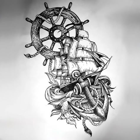 An amazing nautical tattoo design in sketch style. A ship, an anchor and a ship wheel make a great image. Nautical Tattoo Sleeve, Navy Tattoos, Wheel Tattoo, Sailor Tattoos, Sketch Style Tattoos, Anker Tattoo, Pirate Tattoo, Nautical Tattoo, Sketch Tattoo Design