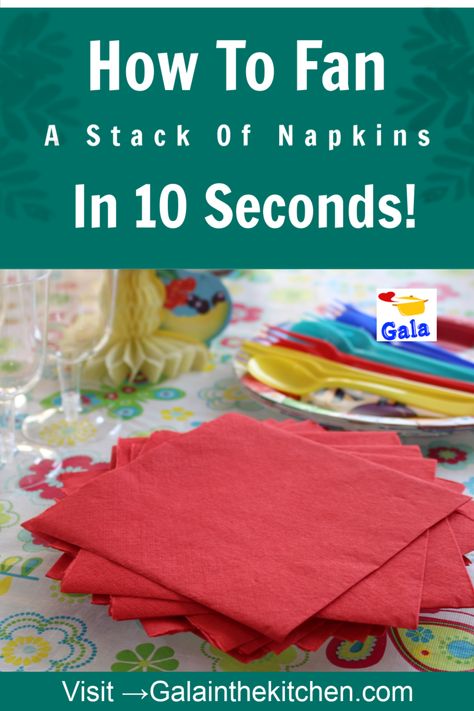 How to fan a stack of paper napkins in 10 seconds! Professionals use this method not only to fancy up the table but also to decrease the use of the number napkins. Check out 4 ways to do it with 2 videos on my website Galainthekitchen.com                      #napkins #howto #papernapkins #fannapkins #galainthekitchen Making Paper Napkins Pretty, Tea Party Paper Napkin Folding Ideas, How To Display Napkins On Table, How To Display Paper Napkins On Table, How To Display Napkins At A Party, Paper Napkin Display Ideas, Paper Napkins Table Setting, Simple Paper Napkin Folding Ideas, Table Setting With Paper Napkins