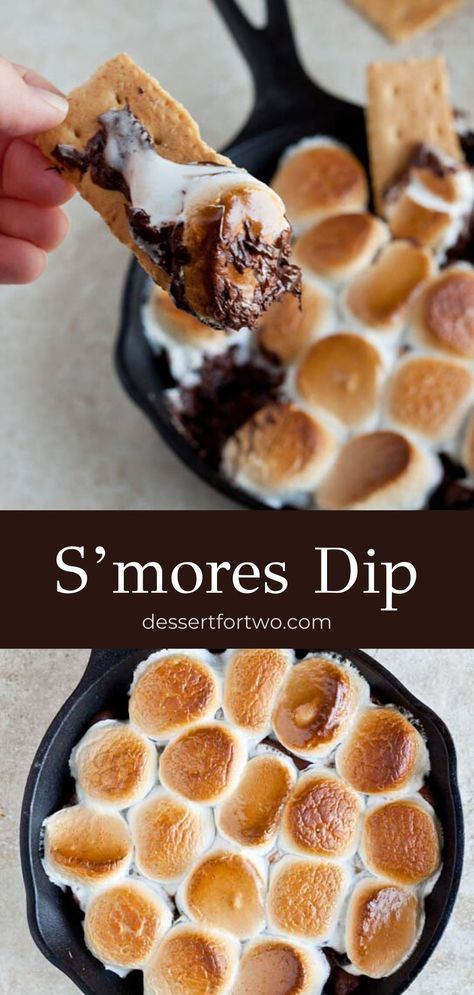 Indoor s’mores, baked s’mores dip made in a cast iron skillet. Scoop up with graham crackers and devour! #smores #indoor #cookout #smoresdip Smores Dip Recipe, Indoor Smores, Baked Smores, Skillet Desserts, Smores Dip, Iron Skillet Recipes, Cast Iron Skillet Recipes, Dessert For Two, Cast Iron Recipes