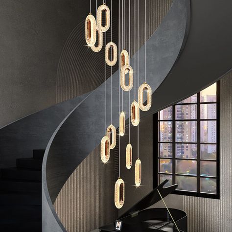 Modern Hanging Chandelier Gold Lustre Oval Acrylic Attic Chandelier Duplex Stair Living Room Dining Room Led Ceiling Chandelier - Chandeliers - AliExpress Plastic Chandelier, Grand Chandelier, Circle Chandelier, Luxury Staircase, Attic Lighting, Acrylic Chandelier, Gold Fixtures, Ring Chandelier, Staircase Chandelier