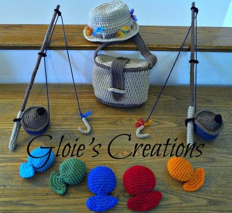 crochet-fishing-pole-bag-fish-set Crochet Fishing, Crochet Game, Crochet Fish, Crocheted Toys, Crochet For Boys, Crochet Set, Fishing Rods, Newborn Props, Crochet Stuff