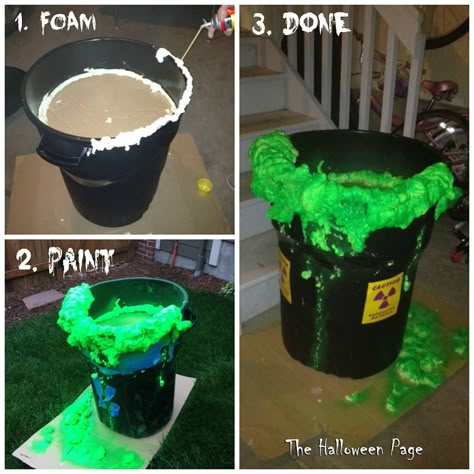 Easy DIY Toxic Waste Barrel Prop: uses $20 in supplies.  Cheap trash can ($10), Great Stuff foam ($5), and Green Spray Paint ($5). Diy Mad Scientist Lab, Foam Halloween Props, Spray Foam Halloween, Toxic Waste Barrel, Diy Spray Foam, Hayride Ideas, Mad Scientist Halloween, Zombie Decorations, Halloween Maze