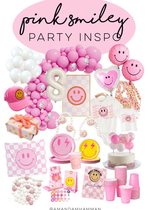 Pink Retro Birthday Party, Smiley Faces Birthday Party, Cute Theme Birthday Party, Pink Preppy Birthday Party Ideas, Preppy Aesthetic Birthday Party, Daisy And Smiley Face Party, Smiley Balloon Arch, 8 Themed Birthday Party, Different Birthday Party Themes