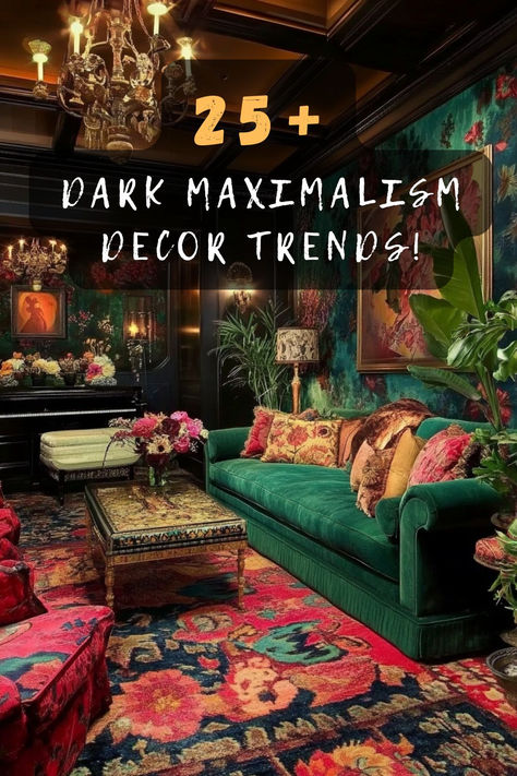 Black Living Room Green Sofa, Dark Maxamilist Interior, Eclectic Botanical Decor, Emerald Green Maximalist Bedroom, Dark And Moody Decor Interior Design, Dark Green Maximalist Bedroom, Green Couch Styling, Living Room Decor High Ceilings, Dark Pink Room