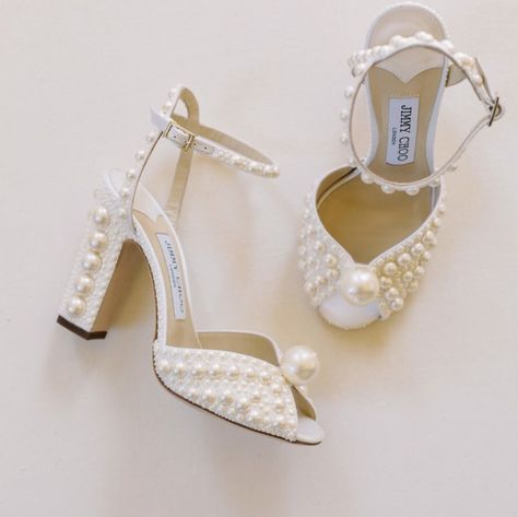 Cream Embellished Heels With Ankle Strap, Cream Embellished Party Heels, Cream Wedding Heels With Rhinestones, Luxury Pearl-embellished Wedding Shoes, Pearl-embellished High Heel Wedding Shoes For Spring, Jimmy Choo Shoes, Open Toe, Jimmy Choo, Wedding Shoe