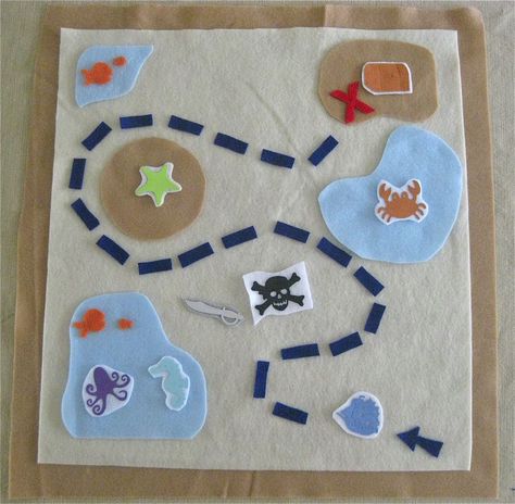 Ideas for felt (so cheap!). Treasure map (CUTE!), busy books, doctor's kit, etc Pirate Crafts, Pirate Day, Imaginary Play, Felt Books, Pirate Birthday Party, Treasure Map, Card Table, Pirate Birthday, Felt Board