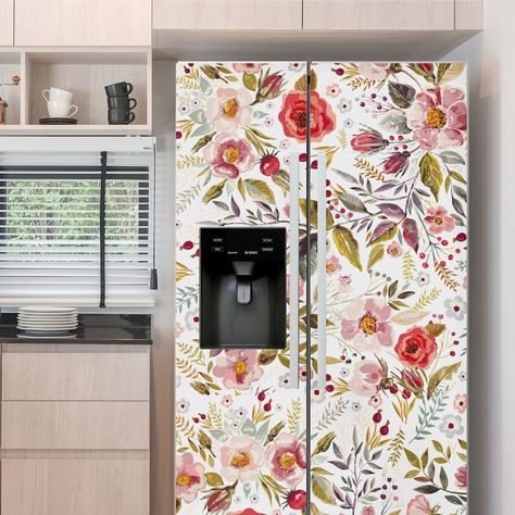 Decorative Fridge, Townhome Ideas, Fridge Cover, Refrigerator Wrap, Fridge Wrap, Fridge Decals, Vintage Fridge, Refrigerator Wraps, Dishwasher Cover