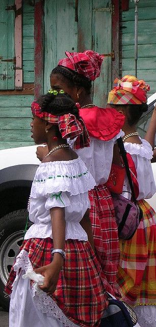 Creole Week 2006, Dominica, by Celia Sorhaindo (tropical ties on flickr)   Girls dressed in traditional "wob dwiyet" Jamaican Culture, Caribbean Culture, America Latina, Three Women, We Are The World, African Diaspora, Folk Costume, World Cultures, People Of The World