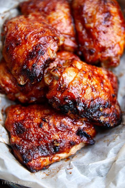 These are absolutely the best Baked BBQ Chicken Thighs. They are first oven fried on convection to get an extra crispy skin, then brushed with a special BBQ sauce and baked for a little longer on convection. This gives these BBQ chicken thighs an amazing flavor that is comparable to grilling. Once you try these chicken thighs you will be hooked for good. | cravingtasty.com Oven Baked Bbq Chicken Thighs, Baked Bbq Chicken Thighs, Oven Baked Bbq Chicken, Chicken Thights Recipes, Bbq Chicken Thighs, Baked Bbq Chicken, Thighs Chicken, Ayam Bakar, Chicken Thigh Recipes Baked