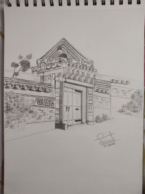 Award Drawing, Korean Houses, Drawing Korean, Sketch Traditional, Korean Drawing, Traditional Korean House, Korean House, Traditional Korean, House Drawing