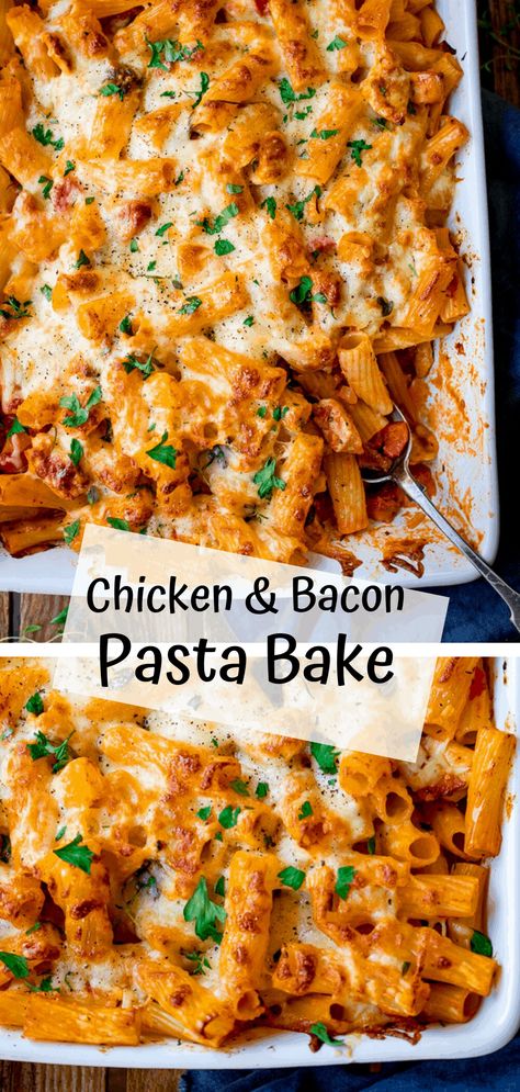 AMAZING Cheesy Pasta Bake With Chicken And Bacon - a family favourite (and it makes great leftovers too!). #OnePotMeals #PastaBake Pasta Bake With Chicken, Chicken And Bacon Pasta, Baked Chicken Pasta Recipes, Bacon Pasta Recipes, Bacon Pasta Bake, Cheesy Pasta Recipes, Cheesy Pasta Bake, Chicken Bacon Pasta, Chicken And Bacon