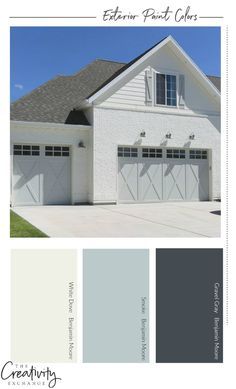 How to Choose the Right Exterior Paint Colors White House Gray Roof Exterior, White House Blue Garage Door, Exterior Paint Color Combinations, Paint Color Combinations, Benjamin Moore Gray, House Paint Color Combination, Color Combinations Paint, Exterior House Paint Color Combinations, Exterior House Color