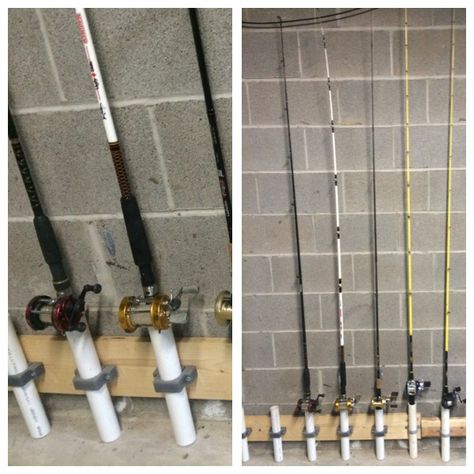 Fishing Pole Storage Diy Garage, Storing Fishing Poles In Garage, Store Fishing Poles, Fishing Pole Storage Peg Board, Fishing Pole Holder Wood, Wall Storage Diy, Basement Storage, Fishing Pole, Wall Storage