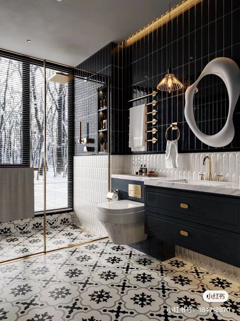 Master Washroom, Black And Brass Bathroom Floor, Art Deco Restroom, Black And Gold Washroom, Indochine Bathroom, Classical Washroom Interiors, Black And White Tile With Brass Inlaybathroom Floor, تصميم دورة مياه, Art Deco Bathroom