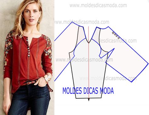 Em primeiro lugar faça a leitura da transformação do molde de blusa manga raglan com rigor antes de iniciar qualquer outro processo. Pola Blus, Sewing Form, Sewing Top, T Shirt Sewing Pattern, Corset Sewing Pattern, Sewing Blouses, Sewing Tops, Shirt Sewing Pattern, Top Sewing