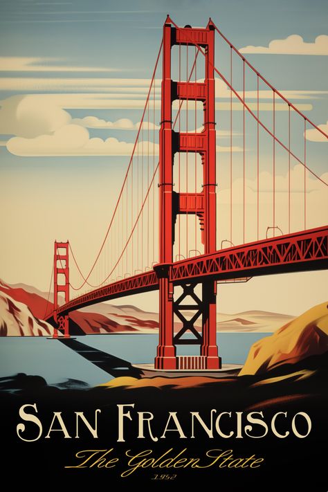 Welcome to our Vintage San Francisco Golden Gate Bridge Travel Poster listing! This exquisite digital print captures the iconic splendor of San Francisco's most famous landmark, the Golden Gate Bridge, with a touch of Art Deco elegance and travel nostalgia.

The poster features the majestic Golden Gate Bridge soaring over the San Francisco Bay, its distinctive International Orange color contrasting dramatically against the serene blue sky. San Francisco Travel Poster, Golden Gate Bridge Drawing, San Francisco Illustration, Golden Gate Bridge Art, Usa Images, San Francisco Poster, International Orange, Bridge Drawing, Lacrosse Shirts