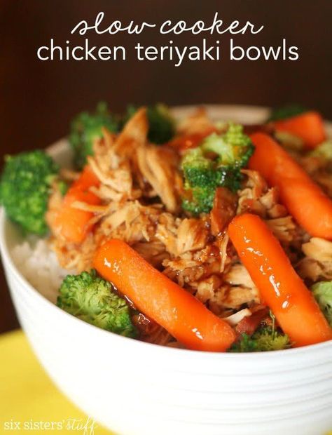 Slow Cooker Chicken Teriyaki Bowls | Six Sisters' Stuff Warm rice topped with steamed vegetables, chicken and tasty teriyaki sauce! Our family loves this recipe and I love being able to sneak a few extra veggies into my kids mouths! #slowcooker #chickenteriyaki Husband Lunches, Slow Cooker Chicken Teriyaki, Uncooked Chicken, Teriyaki Bowls, Ginger Pineapple, Teriyaki Chicken Bowl, Slow Cooker Teriyaki Chicken, Teriyaki Bowl, Slow Cooker Teriyaki