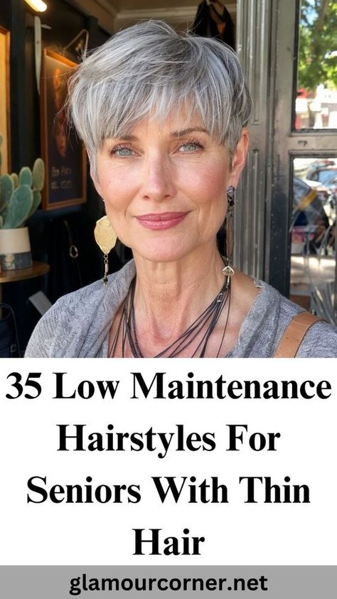 Discover the best low-maintenance hairstyles for seniors with thin hair that offer both style and simplicity. Our curated list features easy-to-manage looks that enhance volume and texture, perfect for mature women seeking effortless elegance. From chic pixie cuts to soft, layered styles, these hairstyles are designed to complement thin hair and require minimal upkeep. Explore these flattering, low-maintenance options to find the perfect look that saves you time while keeping you looking fabulous. Hair For Older Ladies, Hairstyles For Thinning Hair On Top For Women, Hairstyles For Senior Women, What Hairstyle Suits Me, Over 60 Hairstyles For Women, Low Maintenance Short Hair, Deb Hair, Fine Hair Styles, Low Maintenance Hairstyles