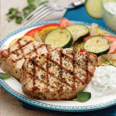 Souvlaki Pork Chops, Greek Pork Chops, Dijon Gravy, Marinated Pork Chops Grilled, Harvest Meals, Pork Souvlaki, Greek Pork, Oven Pork Chops, Mediterranean Seasoning