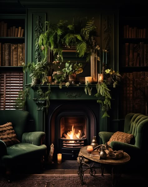 Dark Green Living Room, Dark Living Rooms, Dark Home Decor, Open Concept Living Room, Home Library Design, Cosy Spaces, Dark Home, Open Living Room, Dark Interiors