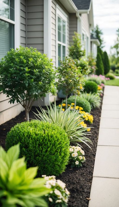 Landscaping Along Sidewalk, Side Of House Landscaping Ideas, Garden Ideas Front Of House, Side Of House Landscaping, Simple Landscape Ideas, House Landscaping Ideas, How To Trim Bushes, Low Maintenance Landscaping Front Yard, Drought Resistant Landscaping