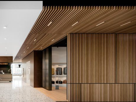 Slat Ceiling, Hall Entrada, Armstrong Ceiling, Hotel Hallway, Corridor Design, Ceiling Panels, Design Del Prodotto, Wood Interiors, Wood Panel Walls