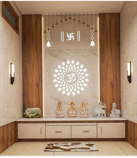 Puja Room Modern, Mandir Design Puja Room Modern, Mandir Design Puja Room, Modern Mandir Design, Pooja Room Ideas Indian Modern, Home Temple Ideas Puja Room, Modern Mandir, Temple Interior, Pooja Unit