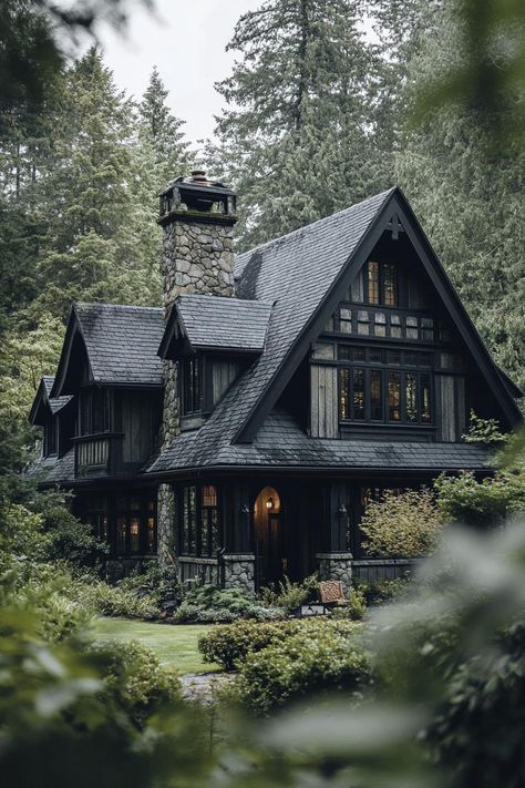 44 Enchanting Dark Cottagecore Houses with Whimsical Charm Maple Forest Cottage, Forest Fairy Cabin, Hidden Cabin In The Woods, Dark Cottagecore House Aesthetic, Dark Cottagecore House Bedroom, Hidden Cottage In The Woods, Moody Log Cabin, Gothic Beach House, Dark Cottage Decor