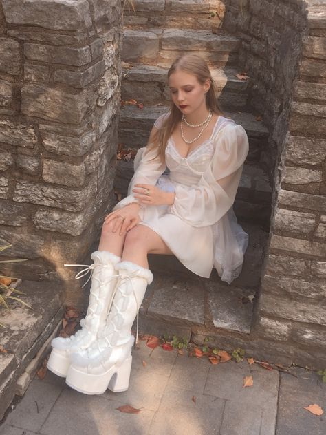 Angelcore Aesthetic Outfits, Angel Core Outfit, Angelcore Outfits, White Goth Outfit, Angelic Outfits, White Dress Aesthetic, Feminine Aesthetic Outfits, Monochrome Aesthetic, White Dress Outfit