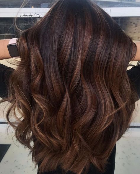 Two-Tone Dark Chocolate Hair Color Dark Brown Hair With Honey Brown Highlights, Hair For Deep Autumn, Brown Autumn Hair, Work Appropriate Hair Color, Mohagany Brown Hair, Hair Colour For Curly Hair, Dark Chocolate Hair Color, Dark Chocolate Hair, Honey Highlights