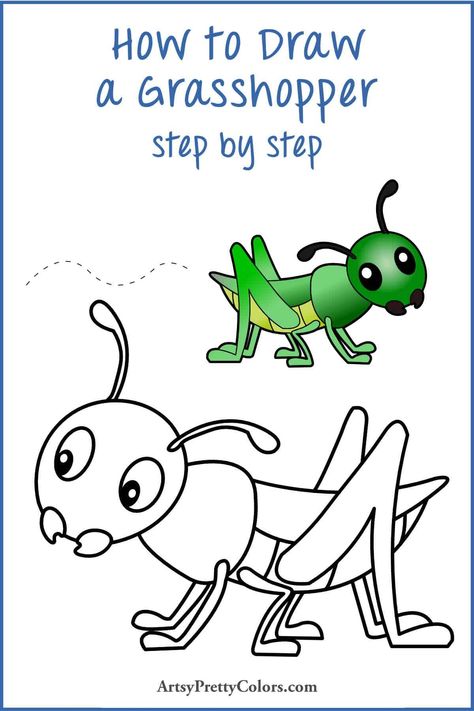 Cute Grasshopper, Grasshopper Pictures, Green Grasshopper, How To Draw Steps, Drawing Lesson, Art Skills, Easy Lessons, Draw Shapes, Drawing Tutorial Easy