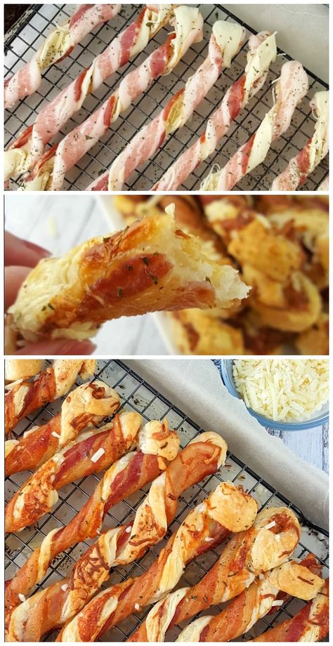 Bacon Cheddar Puff Pastry Twists, Cheesy Bacon Twists With Puff Pastry, Sweet And Savory Cheesy Bacon Wrapped Puff Pastry Twist, Pastry Twist Recipes, Pastry Dinner Ideas, Bacon And Cheese Roll Ups, Cheese And Bacon Twists, Bacon Pastry Twists, Puff Pastry Sticks Cheese Twists