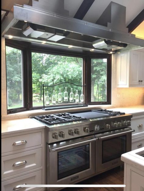 Kitchen With Flat Top Stove, Window Above Cooktop, Opening Kitchen Window, Kitchen Stove Window, Windows Behind Stove, Professional Range In Kitchen, Oven Under Window, Oven With Windows On Each Side, Big Windows In Kitchen