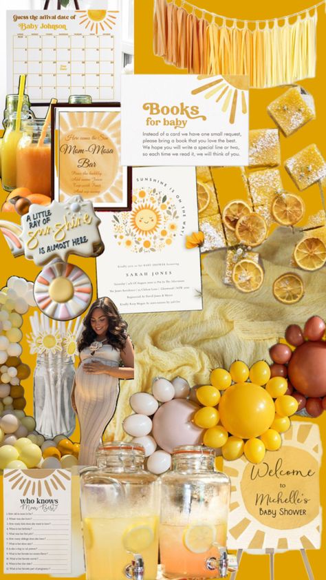 Sunshine themed baby shower Summer Time Baby Shower Ideas, Here Comes The Sun Baby Shower Food, Honey Themed Baby Shower Ideas, Sunshine Theme Baby Shower Ideas, 70s Baby Shower Ideas, Orange Theme Baby Shower Ideas, Baby Shower Mood Board, Ray Of Sunshine Baby Shower Ideas, Retro Baby Shower Ideas