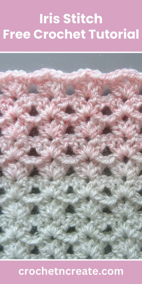 Free crochet instructions - Iris Stitch Tutorial on crochet 'n' create. Free fast, quick-easy-beginner-friendly pattern! 'Don't forget to save' Free Crochet Pattern For Blanket, Iris Stitch Crochet Blanket, Foundation Stitch Crochet, Crochet Flower Stitches, Lacy Crochet Stitches Free, Free Fast Crochet Patterns, Blanket Stitches Crochet, Block Stitch Crochet Pattern, Unique Crochet Stitches Free