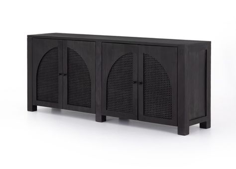 Cane Sideboard, Stone Hearth, Cane Door, Sideboard Black, Modern Entertainment Center, Wood Arch, Buffets & Sideboards, Black Sideboard, Iron Hardware