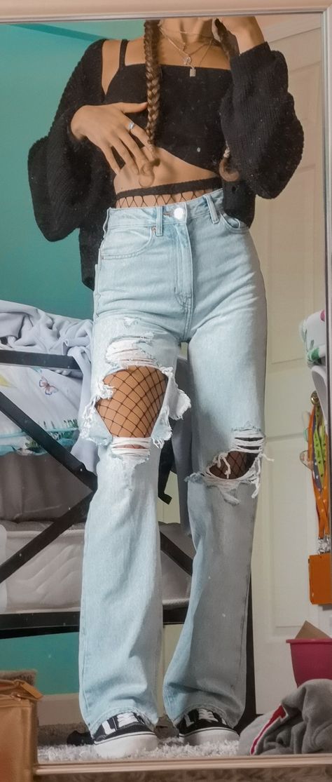 Fishnet With Jeans Outfit, Fishnets And Jeans Outfit, Fish Net Tights Outfit Jeans, Baggy Ripped Jeans With Fishnets, Fish Nets Under Ripped Jeans Outfit, Fishnet Outfit Summer, Ripped Jeans Fishnets Outfit, Jeans With Tights Underneath, Boots And Fishnets Outfit