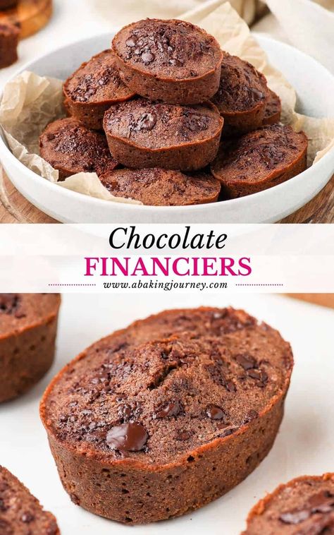 These French Chocolate Financiers Cakes have a deliciously light texture and deep flavours of chocolate, almond and brown butter. They are perfect to serve for afternoon tea or as an everyday sweet snack. Almond Dacquoise Recipe, Chocolate Friands Recipe, French Chocolate Pastry, Financier Recipe French Tea Cakes, Chocolate Financier Recipe, French Chocolate Desserts, Friands Recipe Almond, Chocolate Financier, Financiers Recipe