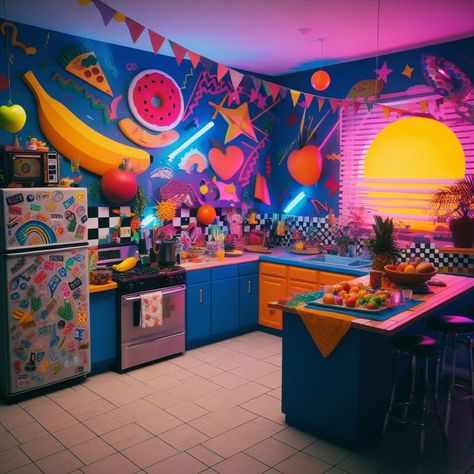 Neon Kitchen, 80s Interior Design, Colorful Rooms, 80s Interior, Retro Revival, Bright Decor, Fantasy Rooms, House Furniture, Design Styles