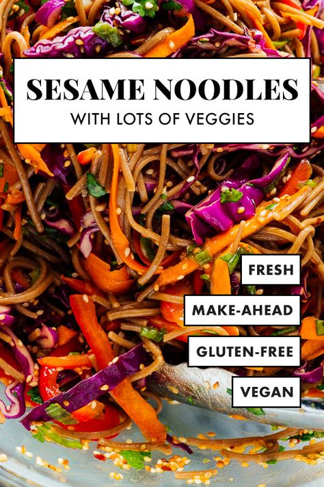 These sesame noodles are extra delicious, thanks to all the colorful vegetables. This recipe is healthy and easy to prepare—perfect for bringing to get-togethers! It's vegetarian/vegan and easily gluten free. #sesamenoodles #potlucks #healthyrecipe #cookieandkate Cookies And Kate Recipes, Cookie And Kate Recipes, Cycle Food, Soba Noodle Bowl, Sesame Noodles Recipe, Veg Meals, Asian Inspired Salad, Cookie And Kate, Easy Food Recipes