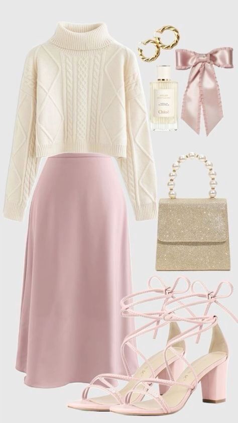 Stylish Outfits Pink, Pink Outfit For Work, Coquette Feminine Outfits, Coquette Outfits For Winter, Coquette Business Outfit, Coquette Outfit Casual, Coquette Winter Outfits Pants, Coquette Modest Outfit, Pretty Outfits Baddie