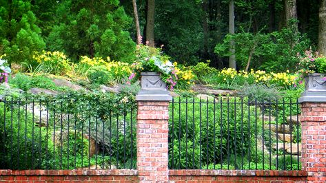 Brick And Iron Fence Ideas, Iron And Brick Fence, Property Fencing, Cast Iron Railings, Brick Pillars, Cast Iron Fence, Brick Columns, Knee Wall, Brick Fence