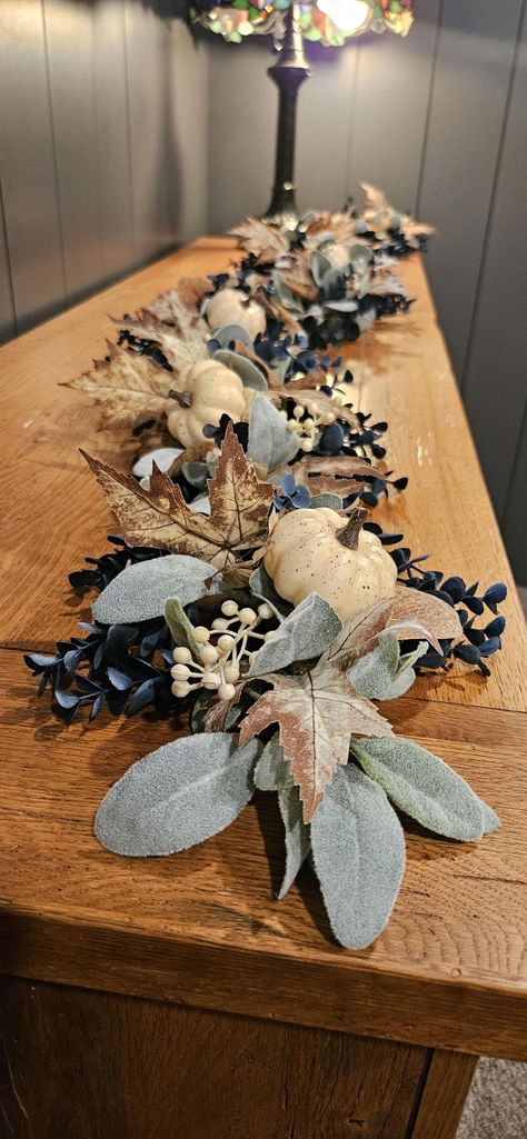 Blue eucalyptus garland Blue And Cream Fall Decor, Blue Fall Decor Ideas, Fall Decor Navy Blue, Fall Decor With Blue Accents, Dusty Blue Fall Decor, Thanksgiving Blue Decor, Navy Blue And Copper Fall Decor, Fall Decor With Blue, Blue Thanksgiving Decor