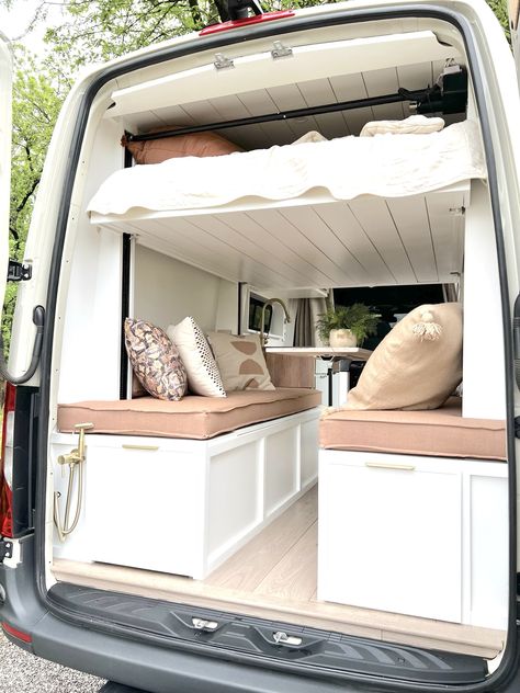 Off grid AC, Elevator Bed, Sleeps 4, Low Miles! - ExploreVanX Campervan Interior Ideas, Camper Layout, Elevator Bed, Campervan Design, Van Conversion Layout, Used Camper Vans, Camper Vans For Sale, Leisure Travel Vans, Big Van