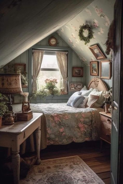 Muebles Shabby Chic, Casa Country, Casa Vintage, Attic Spaces, Cottage Bedroom, Attic Bedroom, Cottage Interiors, Vintage Bedroom, Dream House Rooms