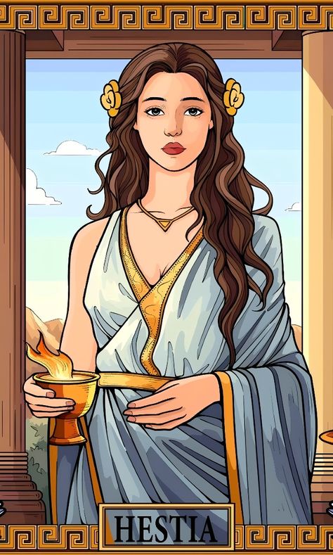 Hestia Mythology, Hestia Greek Mythology, Hestia Illustration, Hestia Goddess Art, Hera Goddess Drawing, Greek Mythology Wallpaper, Hera Greek Goddess Art, Hera Greek Goddess Drawing, Greek Goddess Hestia