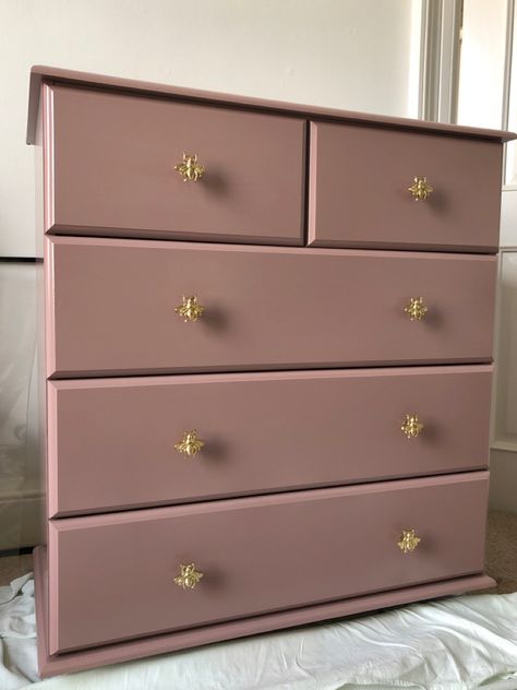 Upcycled pine drawers. Primed and then one coat of Leyland Eggshell from the Online Decorating Centre with a colour match of Farrow and Balls Sulking Room Pink. Finished with knobblesandbobbles.com Bee Knobs in gold finish. Pink Pine Drawers, Sulking Room Pink Furniture, Chest Of Drawer Upcycle, Pink Wood Furniture, Light Pink Dresser Diy, Upcycle Pine Chest Of Drawers, Colourful Chest Of Drawers, Painted Chest Of Drawers Ideas Colour, Pine Chest Of Drawers Makeover