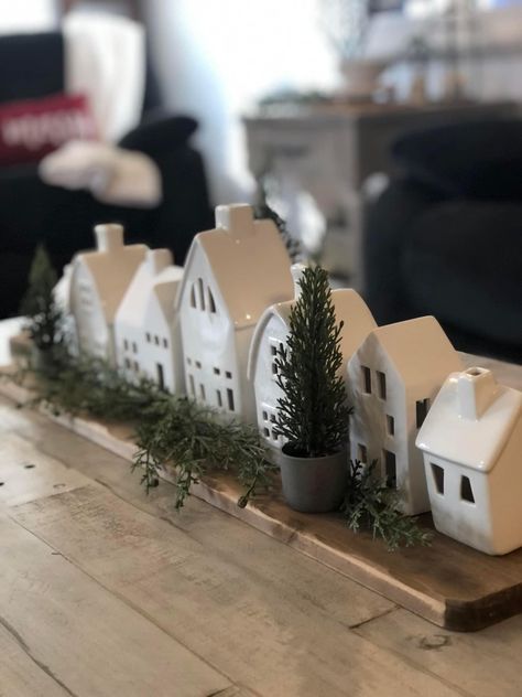 Small White Houses Christmas Decor, Modern Minimal Christmas Decor, Christmas Village Centerpiece, White Christmas Houses, All White Christmas Decor, Tabletop Christmas Decor, White House Christmas, Neutral Christmas Decor, Christmas Decoration Ideas