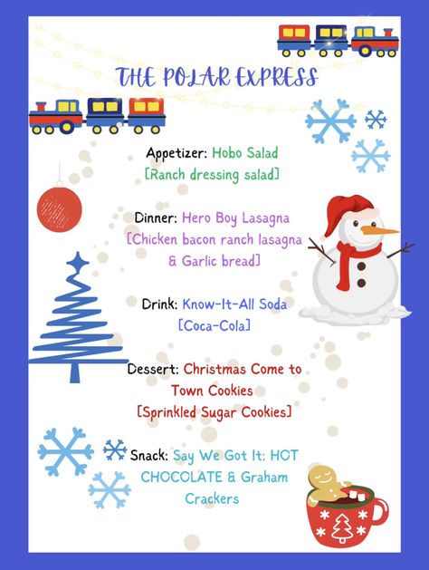 Christmas Movie Dinner Ideas For Kids, Polar Express Meal Ideas, Polar Express Food Ideas Dinner, Polar Express Food Ideas Movie Nights, Polar Express Themed Dinner, Polar Express Christmas Party Food, Christmas Movie And Dinner Theme, Christmas Theme Dinner For Kids, Polar Express Party Ideas Food