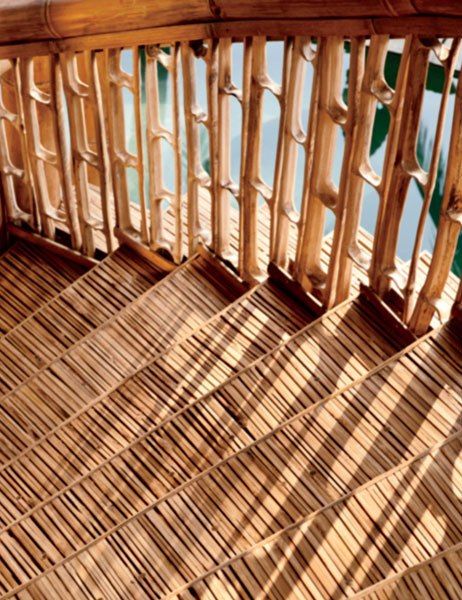 A handsome stairwell crafted of bamboo. Bamboo Stairs Ideas, Bamboo Window, Green Village, Bamboo Diy, Bamboo Building, Bamboo House Design, Bamboo Structure, Bamboo Architecture, Bamboo Decor